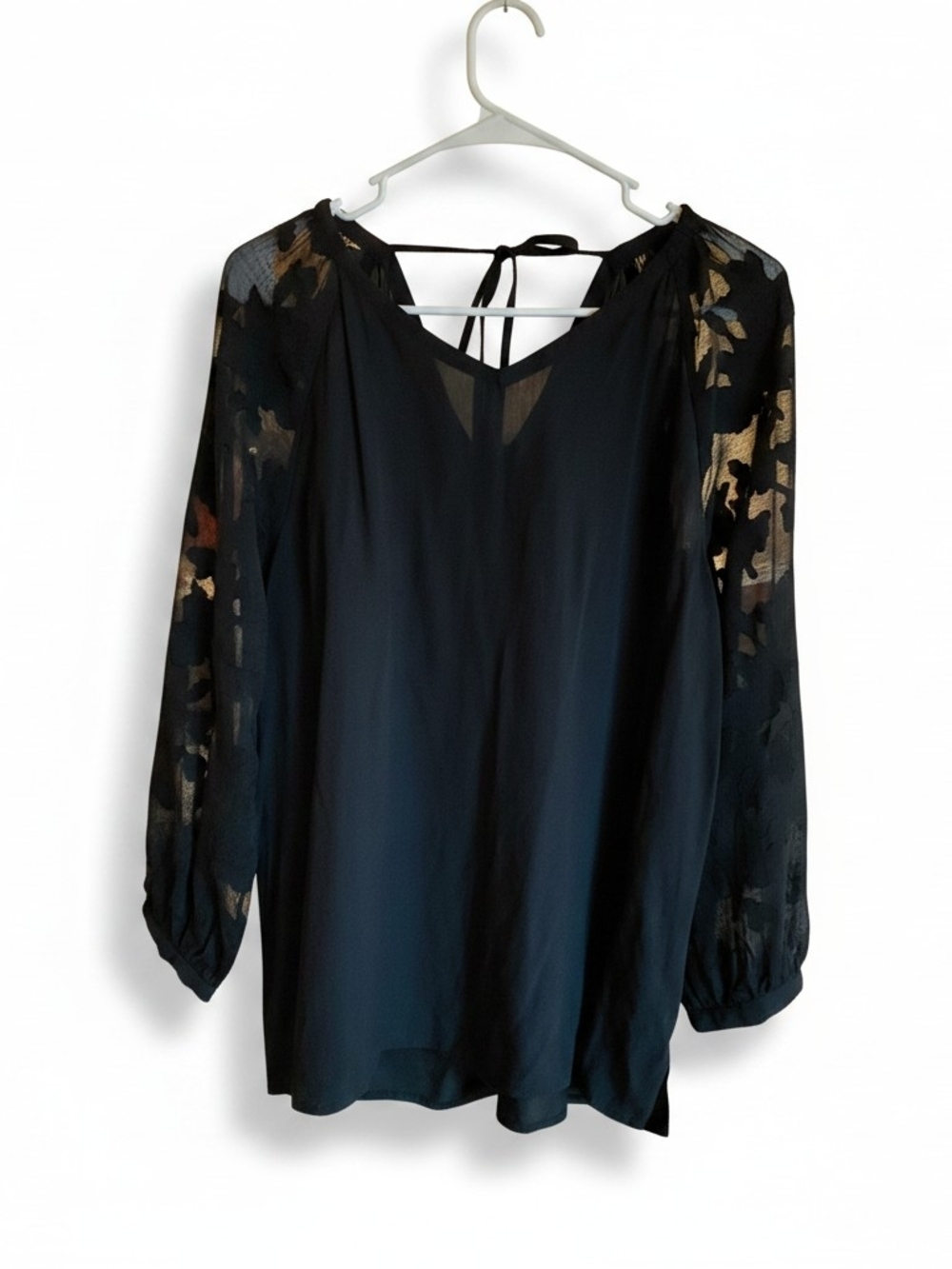 LOFT Black V-Neck Blouse with Sheer Sleeves And Tie Back
